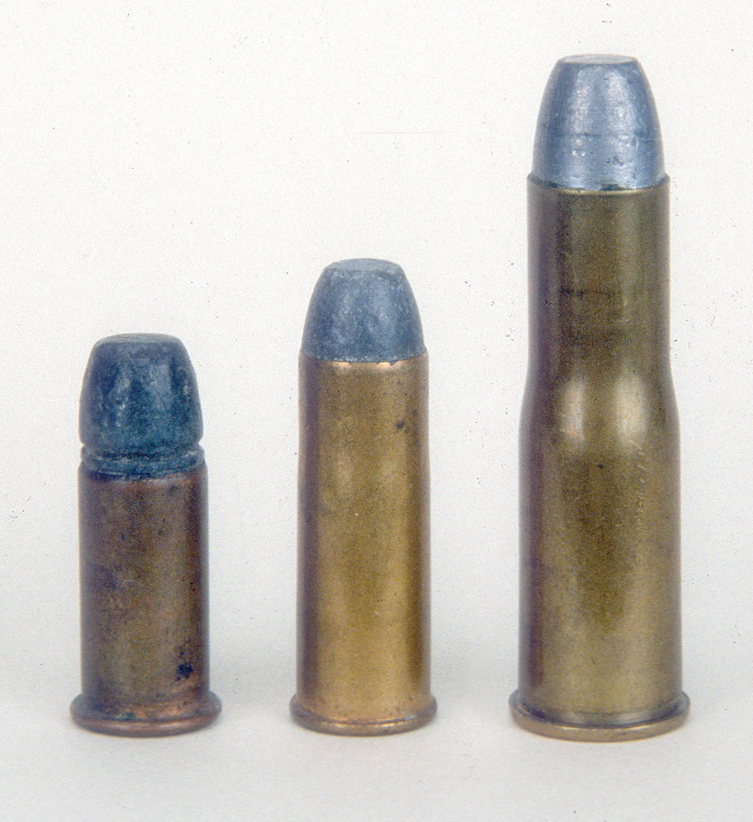 Winchester’s first attempt at a true big-bore, black-powder cartridge was the .45-75 WCF (right). Prior to it, Winchester only offered the .44 Henry Rimfire (left) and the .44 WCF/.44-40 (center).